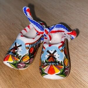 M S Delft Miniature Ceramic Clogs Souvenir Vintage w/ Blue, White, Red Ribbon